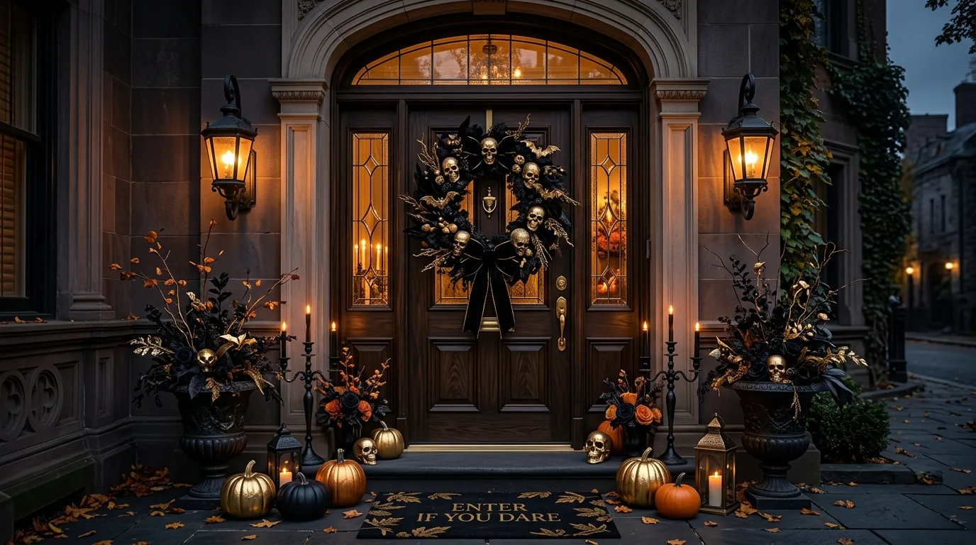 Keep novelty pieces to a smaller supporting role inspiration for a Halloween front door entrance.